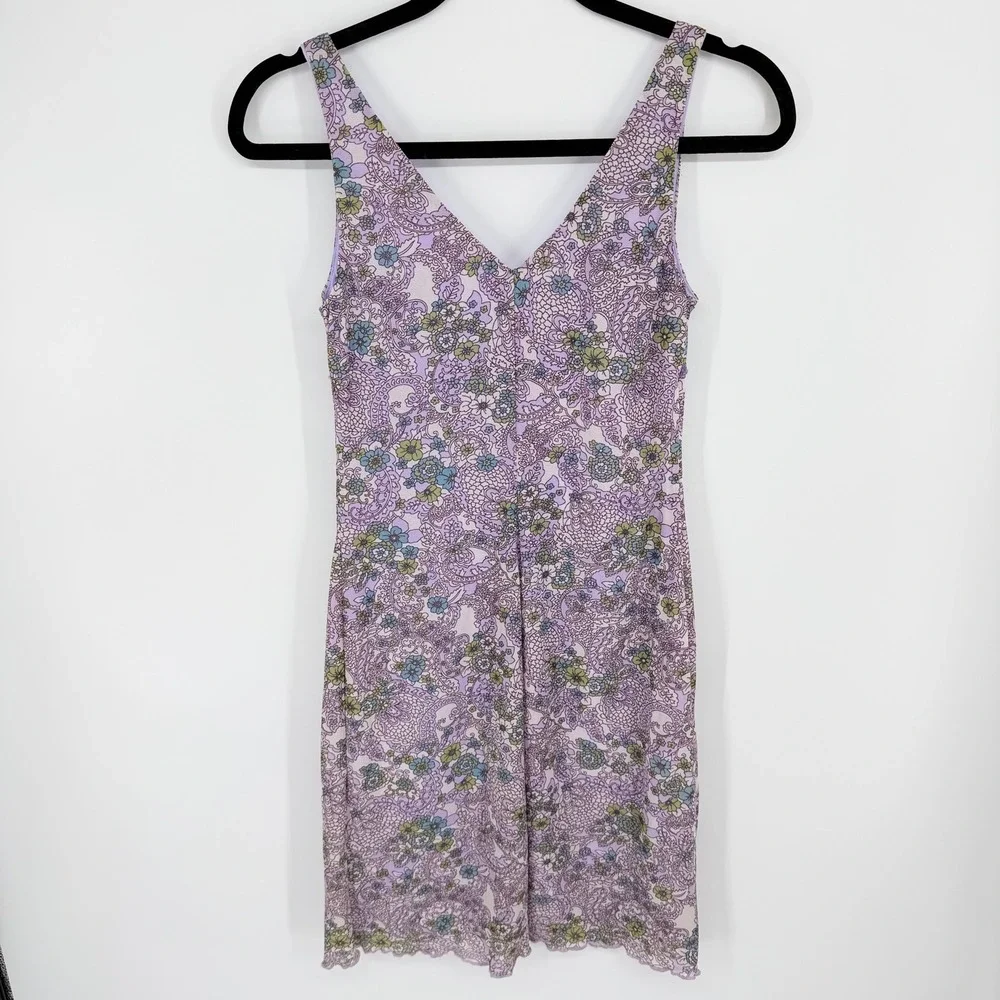VTG Xhilaration Fairy Mini Dress Sz S Purple Floral Mesh Y2K Sequin Lettuce Hem